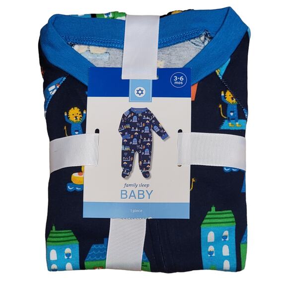 Hanukkah Pajamas Boys Sz 3/6M Blue‎ All Over Print 1 Pc Zip Up Footie PJs Baby - Picture 1 of 3